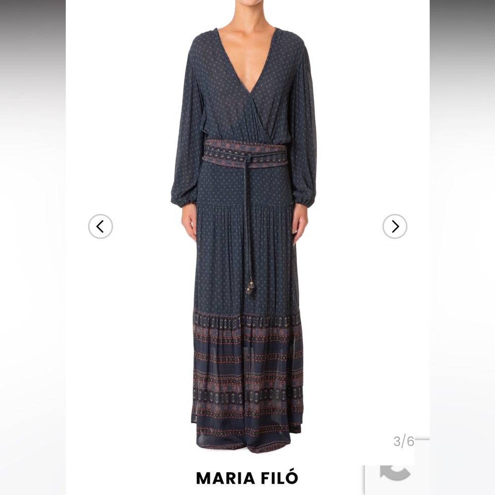 Patterned Navy Long Sleeve Wrap Maxi Dress - Picture 4 of 7
